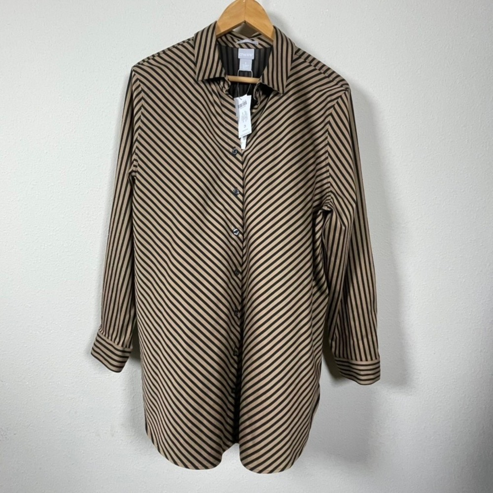 Chico's No Iron Stripe Tunic Women 3 Size‎ 16 Neutral Black Chic NWT LS Shirt